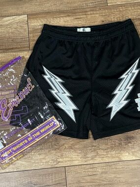 Eric Emanuel Black/White/Silver Lightning Bolt EE Shorts Mens Large